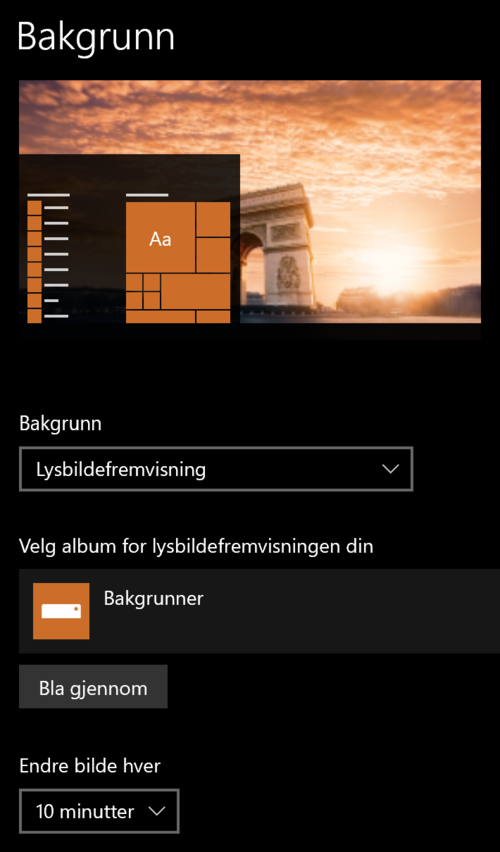 Windows-innstillinger for bakgrunn og lysbildefremvisning