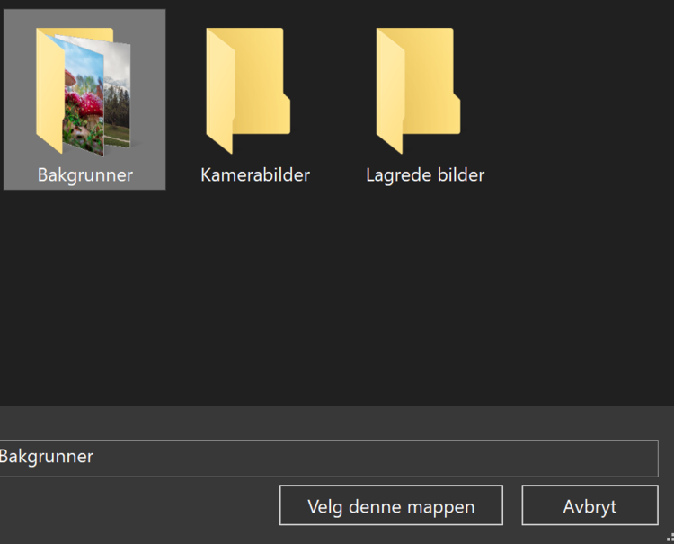 Velg mappen med bakgrunnsbilder i Windows