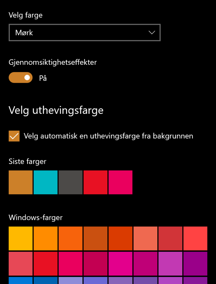 Windows fargevalg som matcher skrivebordsbakgrunnen