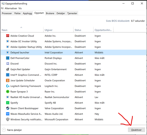 Oppstartsprogrammer som kan deaktiveres i Windows